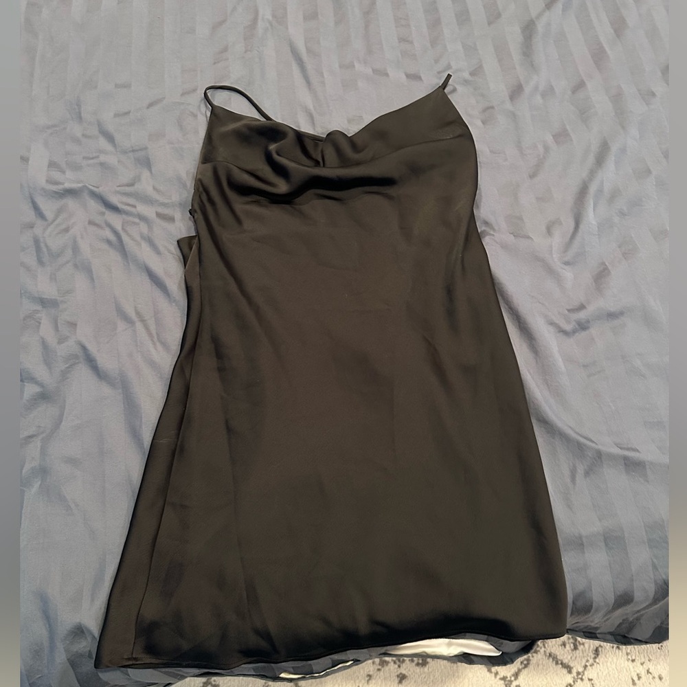 Black satin low back mini dress
